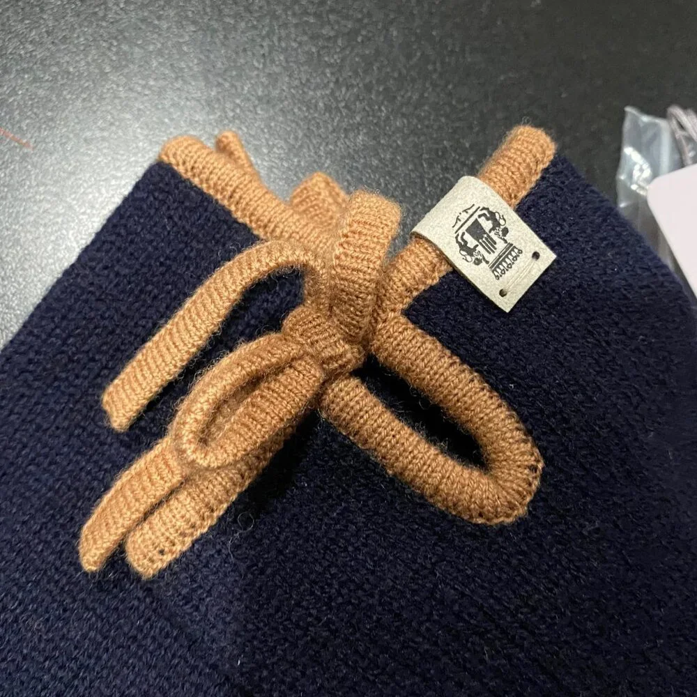 New Roeckl Germany Woman Fairy Bow Navy Beige Soft Merino Wool Gloves OS