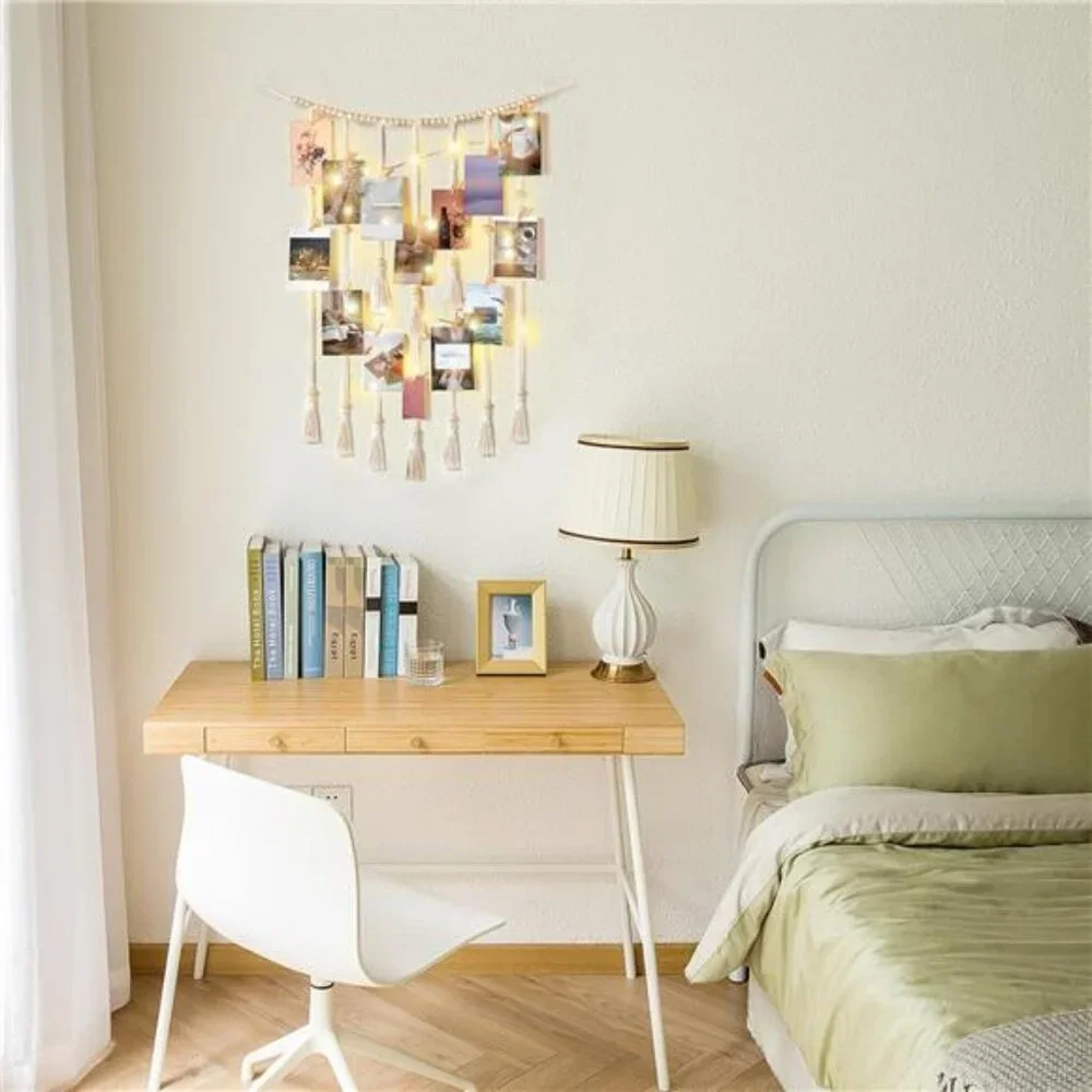 Macrame Hanging Photo Display Wall Decor with String Lights Boho Room