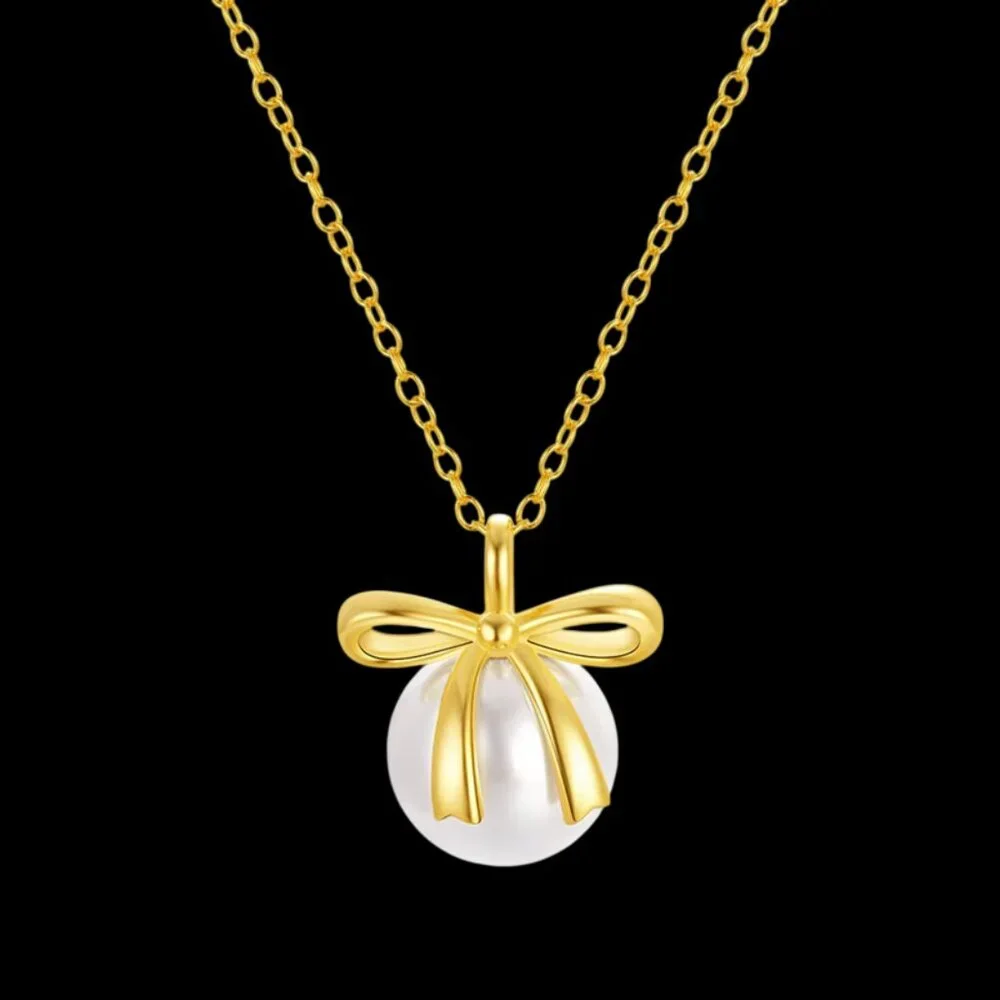Gold Plated Bow Pearl Necklace