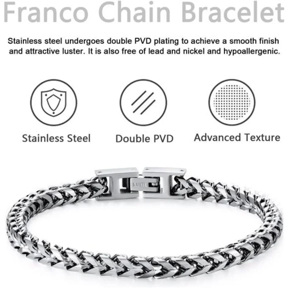 Mens Bracelet - Stainless Steel Fold Over Clasp Franco Chain Bracelets for Men