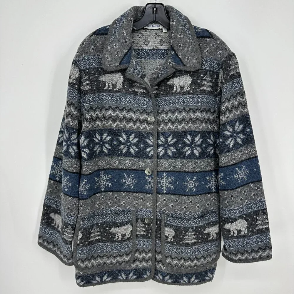 Vintage Fair Isle Wool Jacket M Bear Trees Shacket Button Down Gray Blue