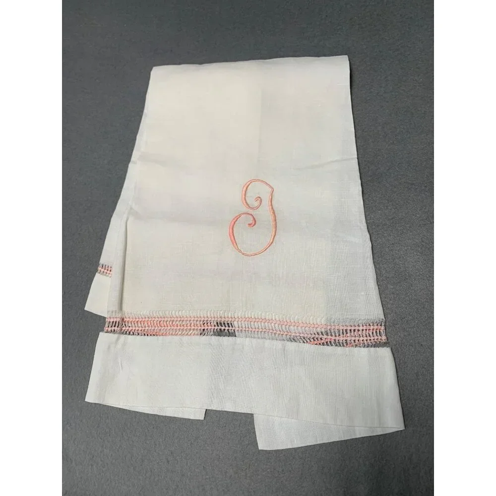 Vintage White Linen Hand Towel with Pink Embroidered Initial Monogram