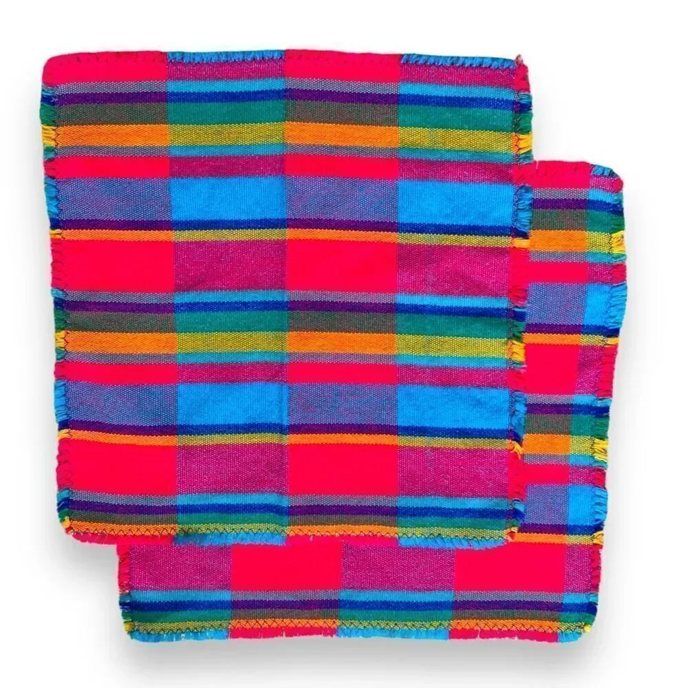 Vintage Placemats Colorful Rainbow Madras Plaid Woven Fringe Border Set Of Six