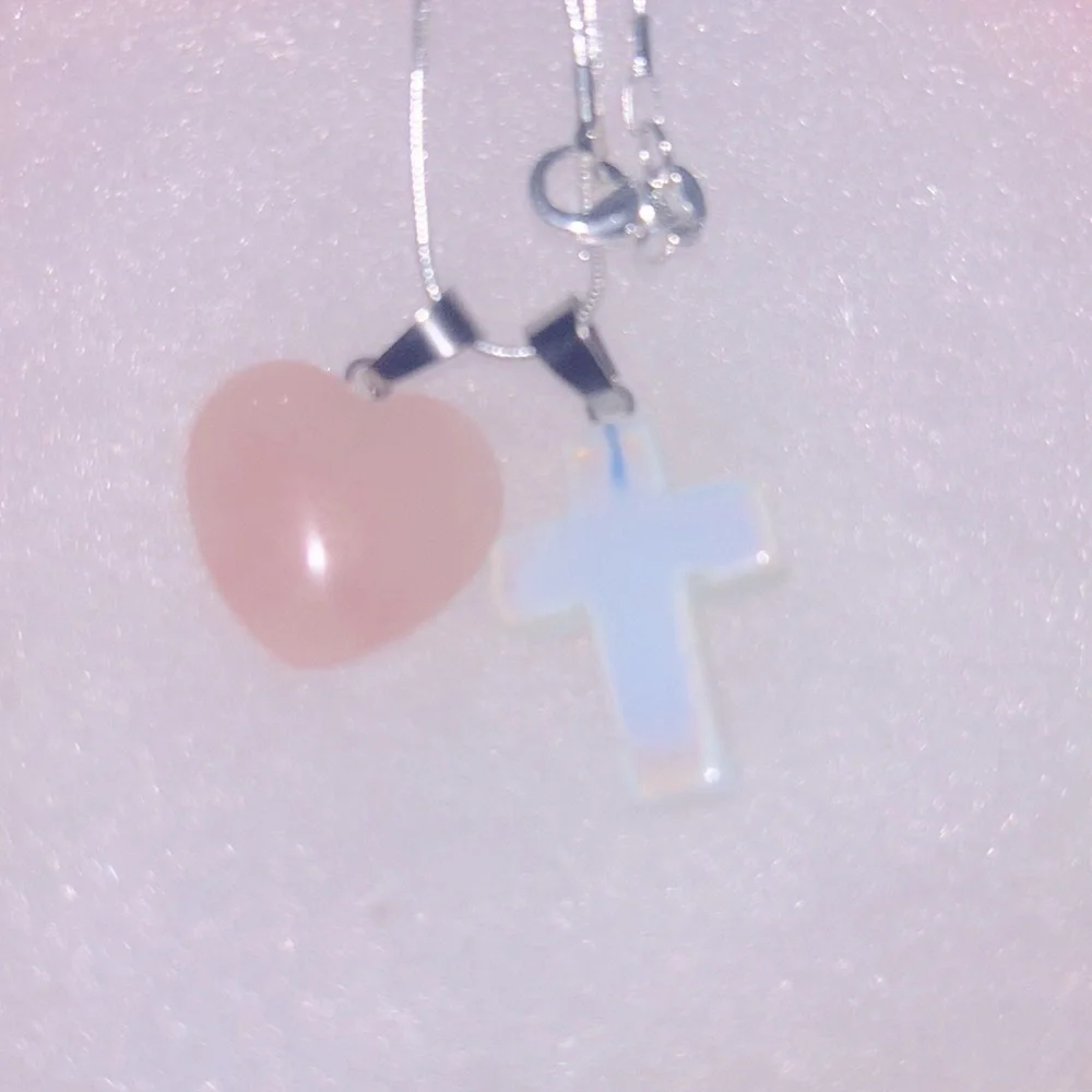Boho hippie Opal Cross and Rose Quartz Heart Sterling Silver 16” Neckla…