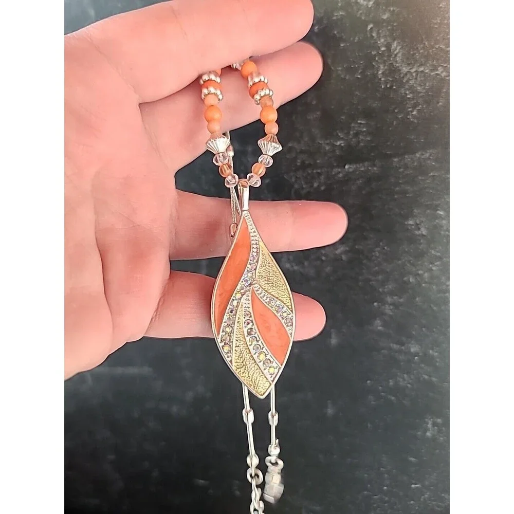 Salmon Enamel Rhinestone Beaded Leaf Pendant Adjustable Necklace
