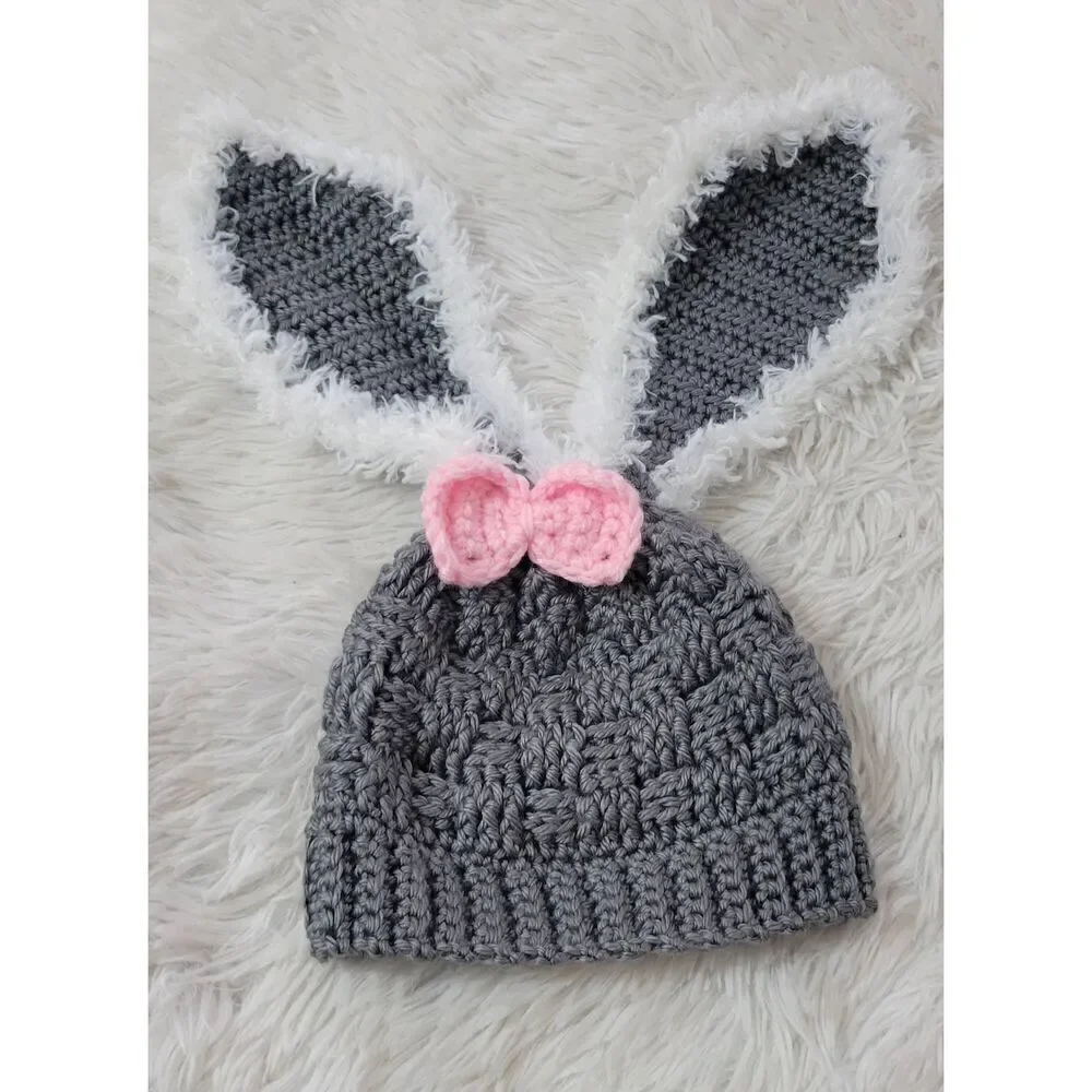 Bunny Hat Crochet Knit Handmade Gray Youth