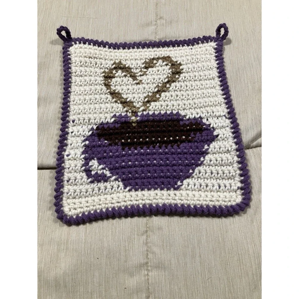 Handmade Crochet Hot Pad Potholder White Purple Cup Of Coffee Love Heart