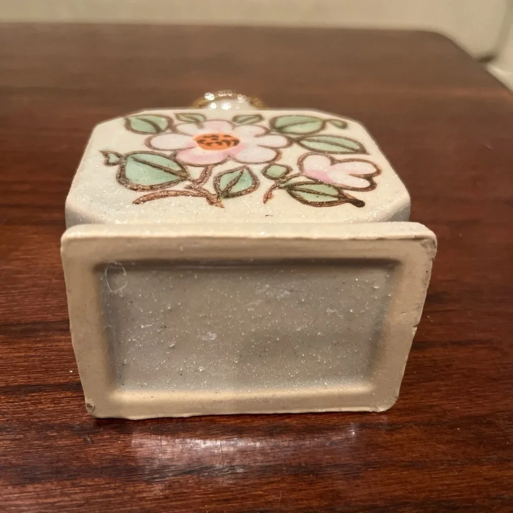 Vintage Square Salt Glazed Flat Floral Painted Stoneware Small Bud Vase