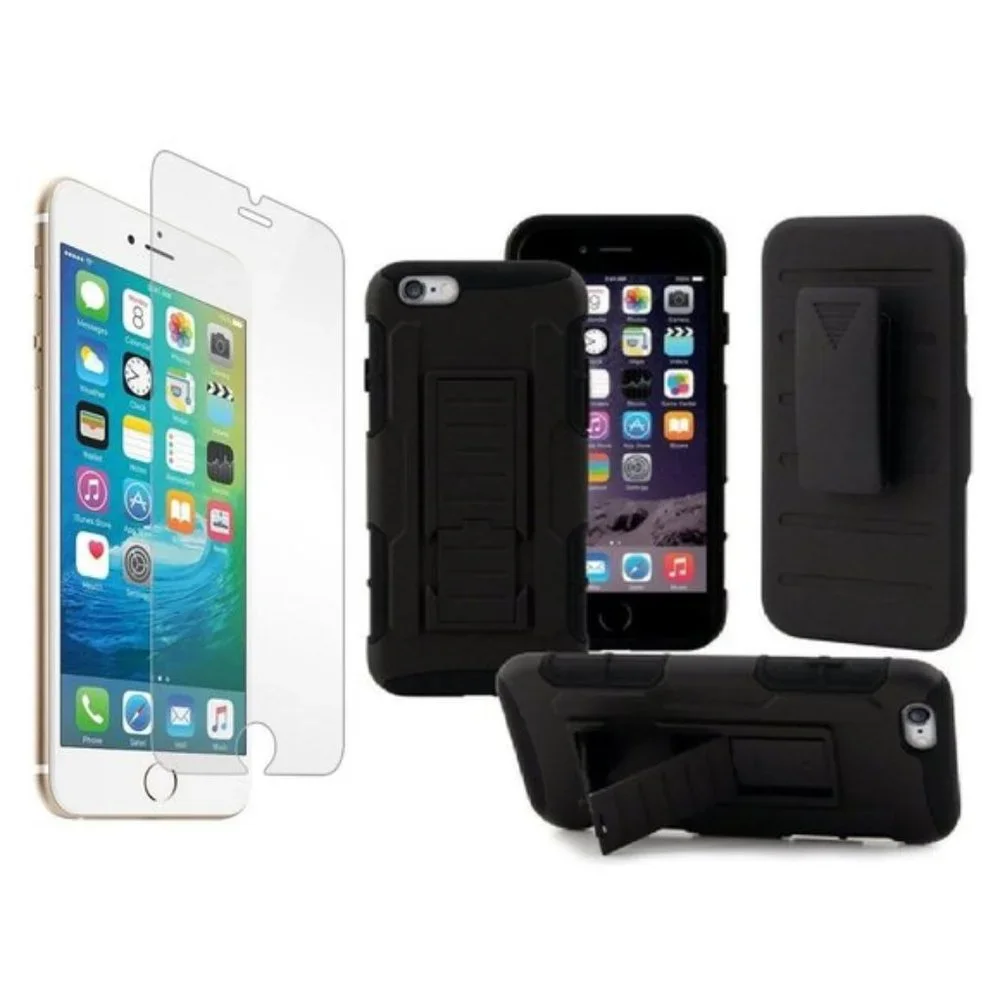 BLACK GRIP CASE HOLSTER & GLASS FOR IPHONE 7 PLUS