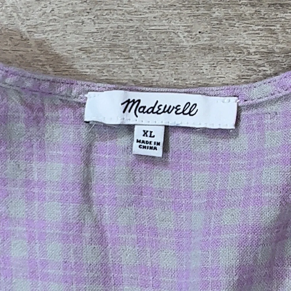Madewell Women’s Linen Blend Lavender Plaid Puff Sleeve Button Wrap Top Size XL