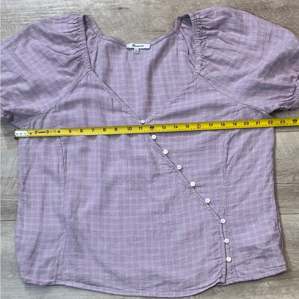 Madewell Women’s Linen Blend Lavender Plaid Puff Sleeve Button Wrap Top Size XL