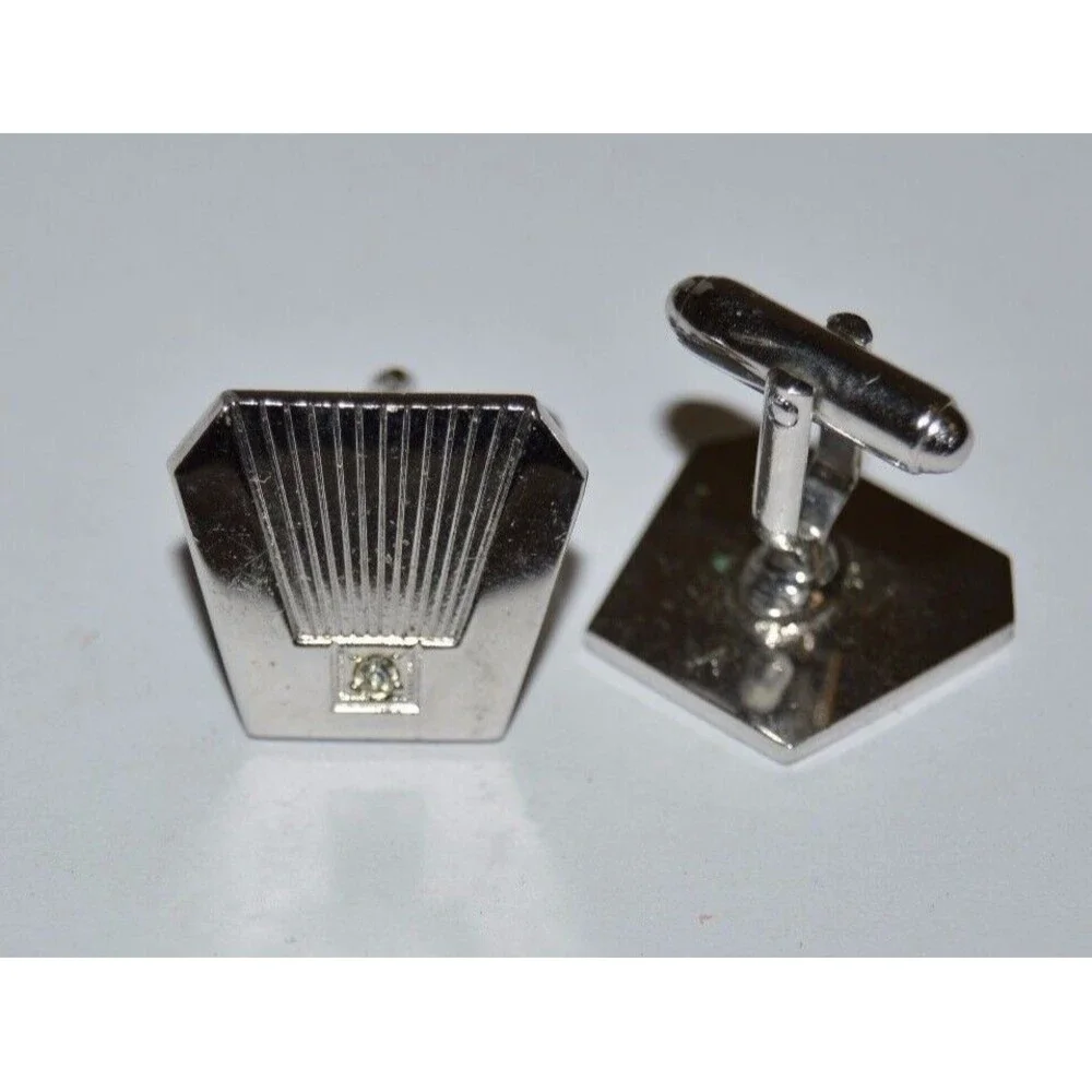 Vintage Chrome Jeweled Cuff Links MISSING ONE JEWEL Rare