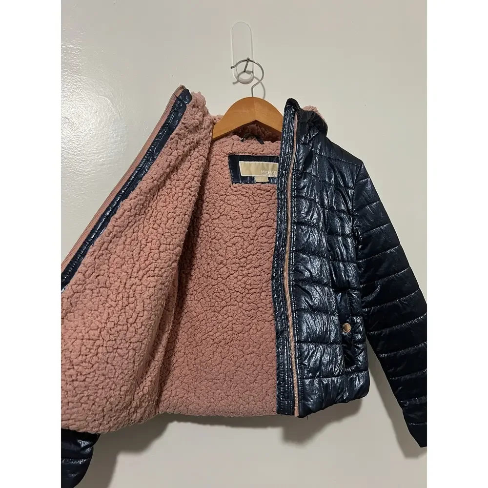 Michael Kors Girls Blue/Rose Gold Faux Fur Lined Puffer Jacket Size 6