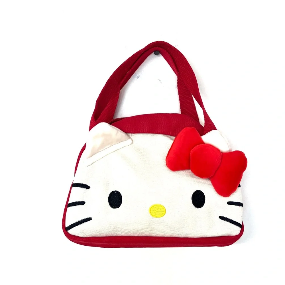 Hello Kitty Red and White Canvas Bag with plush Bow, zipper pull pearl bead, NIP