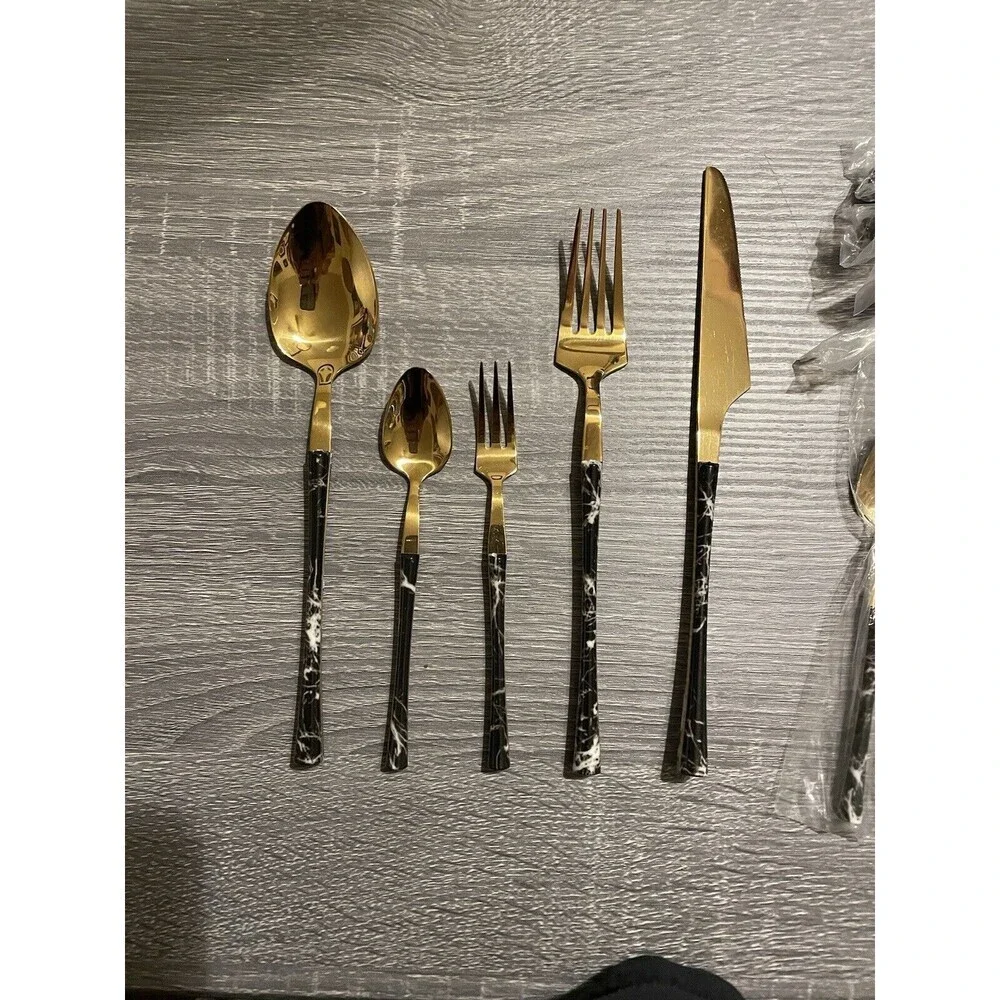20 Piece Faux Black Marbled Handles & Gold Stainless Steel Silverware Set