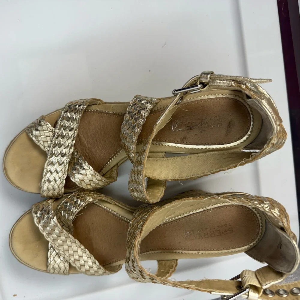 Sperry Top-Sider Wedge Leather Gold Ankle Strap Espadrille Sandals Size 8.5