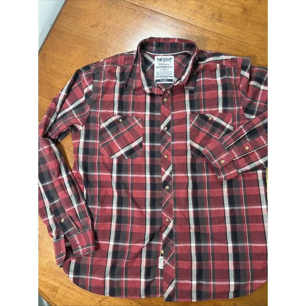 Levi's Plaid Button Down Shirt Men's Side XL Red Long Sleeve