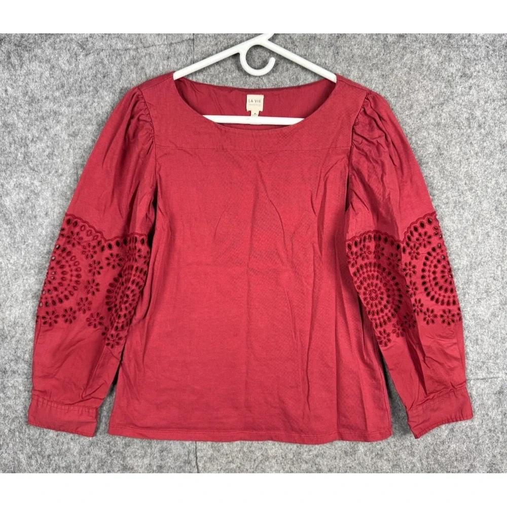 REBECCA TAYLOR LA VIE Top Women's Medium Red Long Sleeve Lace Peasant Cotton *