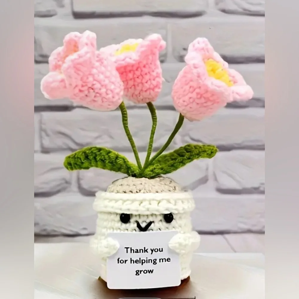 Thank You for Helping Me Grow Handcrafted Pink Tulips Crochet Flower Pot NWT