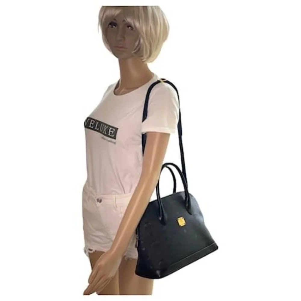 Authentic MCM Visestos Nylon Dome Satchel Bag Black