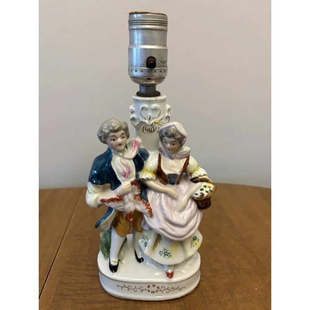 Two (2) Vintage Occupied Japan Colonial Table Lamp Man And Woman HandPainted
