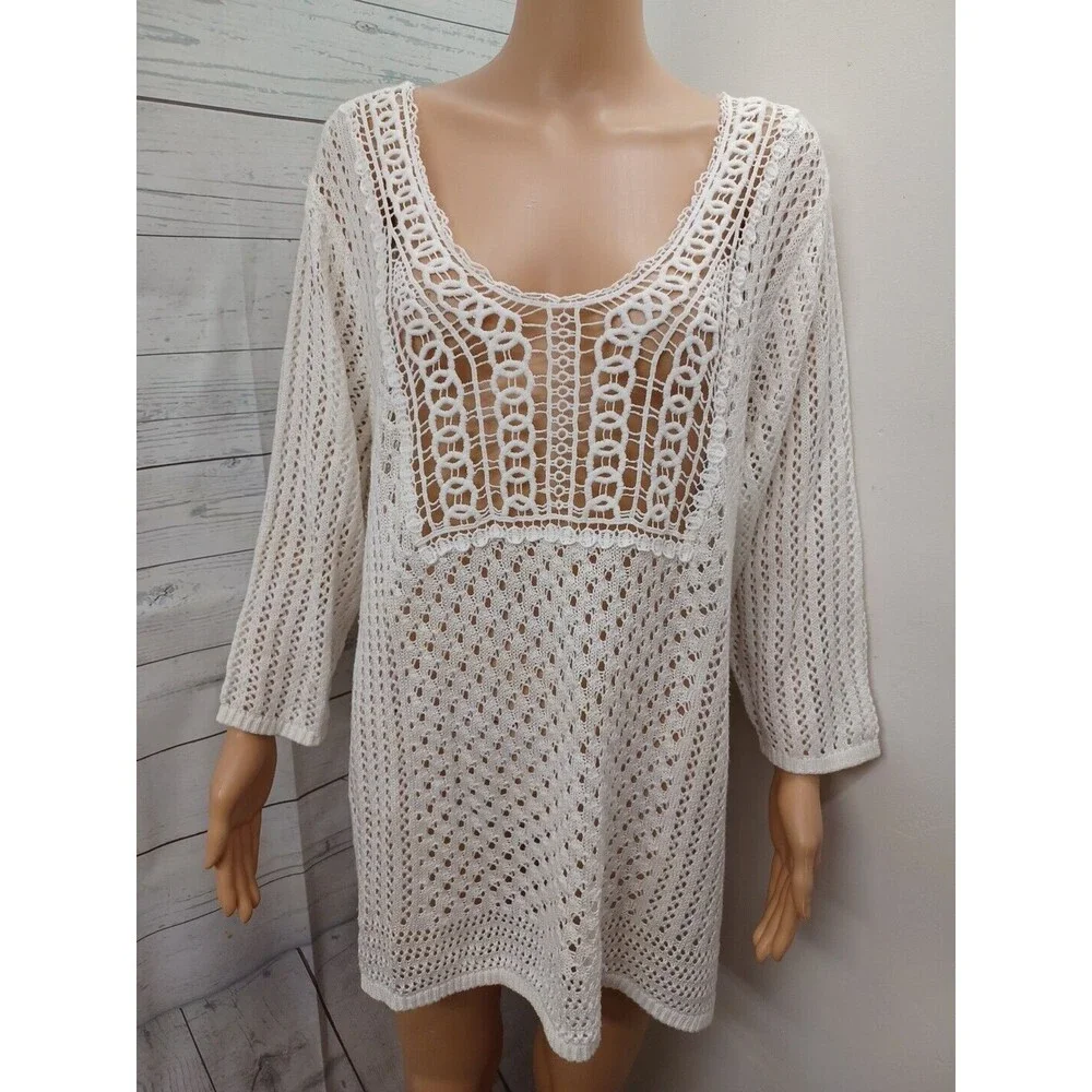 CJ Banks Sweater Pullover Tunic Top Crochet White Pullover Sz 2X