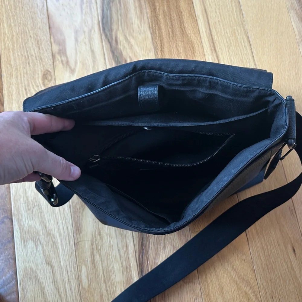Coach Black and Navy Plaid Textured Leather Messenger Bag