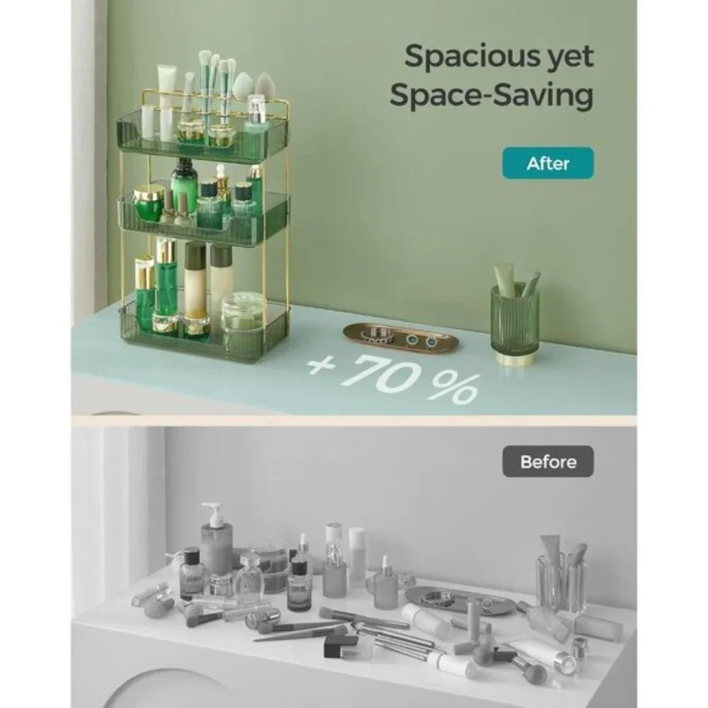 New 3-Tier Pale Green Makeup Organizer with Jewelry Holder for Vanity & Bathroom