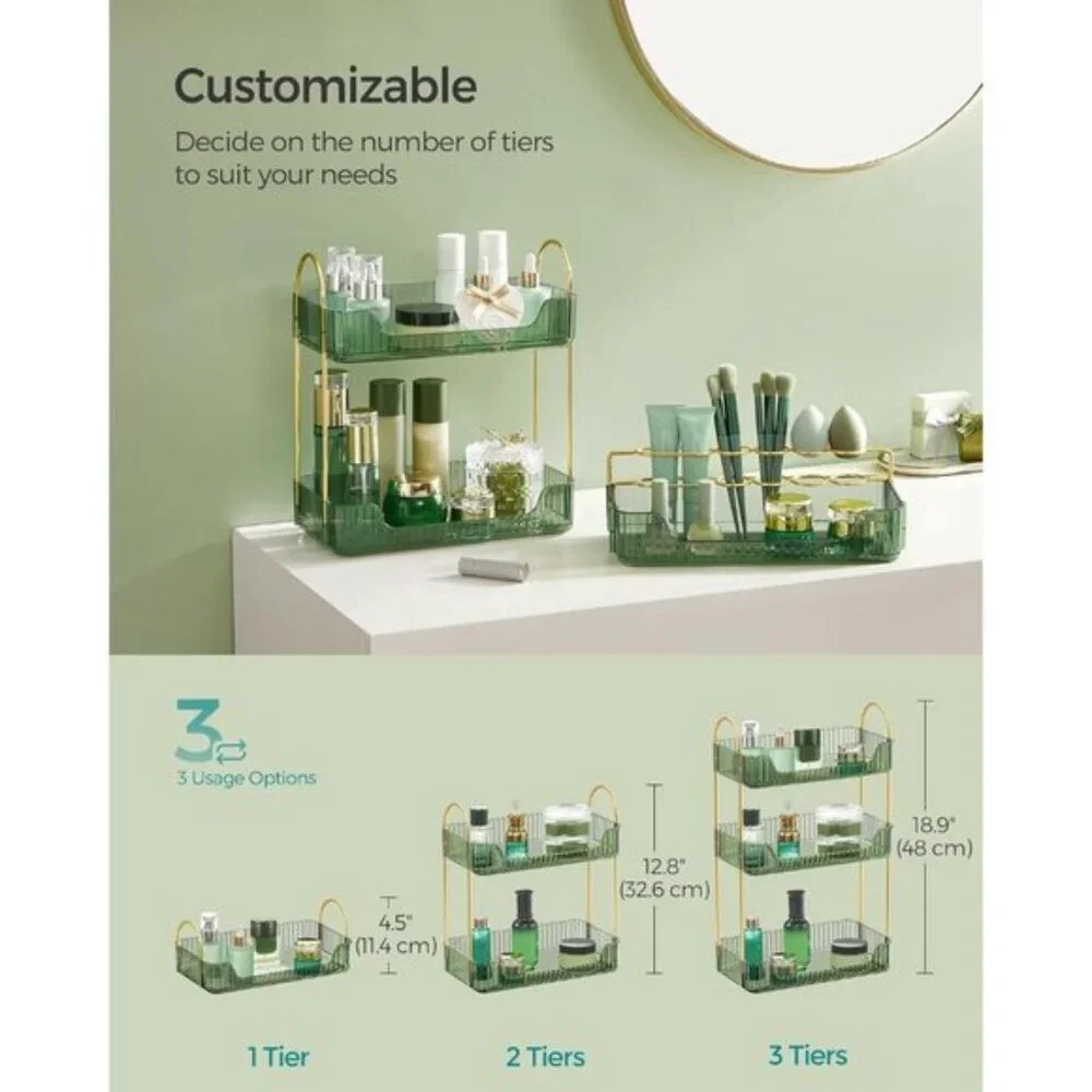 New 3-Tier Pale Green Makeup Organizer with Jewelry Holder for Vanity & Bathroom