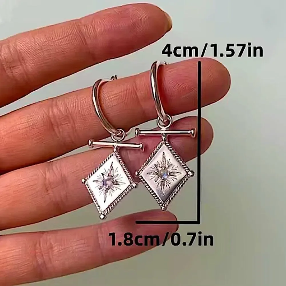 Silver North Star Starburst Zircon Dangle Drop Earrings
