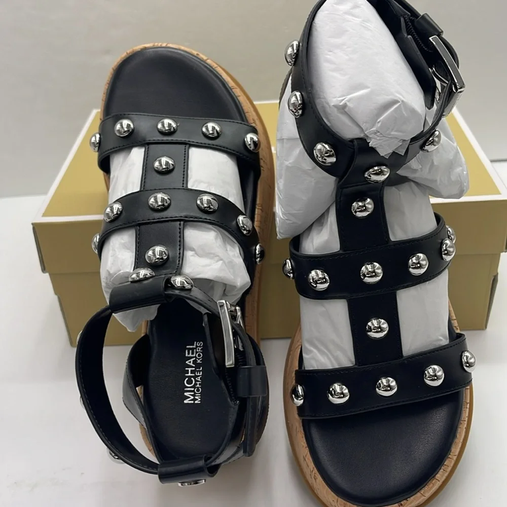 MICHAEL KORS Selah Studded Platform Gladiator Silver Studded Sandal Black New