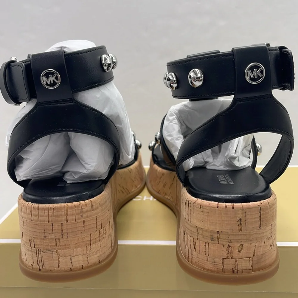 MICHAEL KORS Selah Studded Platform Gladiator Silver Studded Sandal Black New