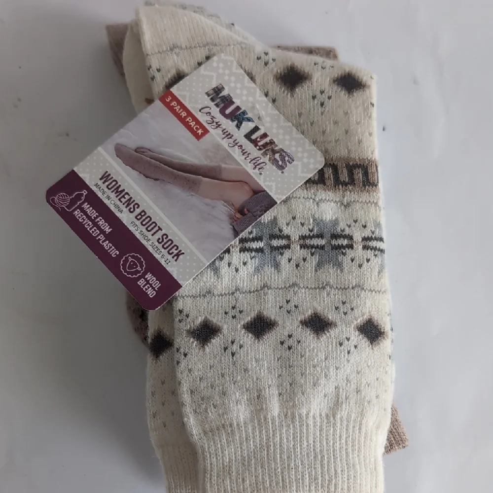 Muk Luks Womens 3-Pair Boot Socks Brown And Tan New Wool Blend 6-11