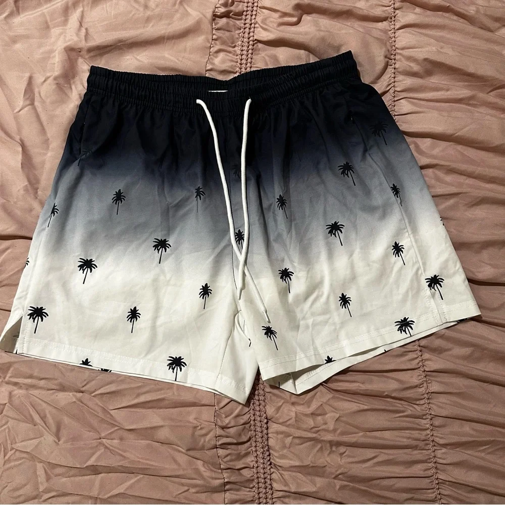 Men’s Coconut Palm Tree Print Ombre Drawstring Waist Swim Shorts
