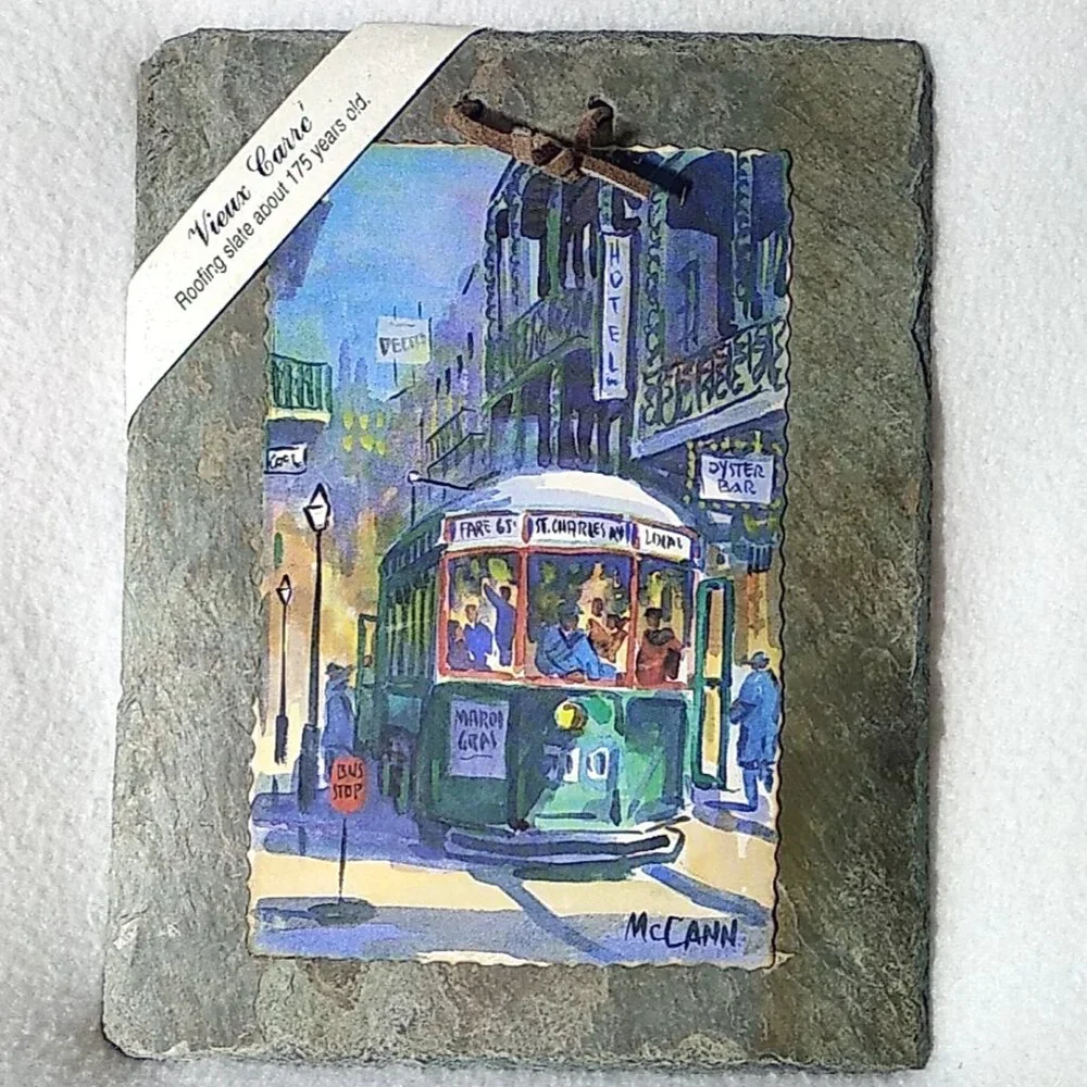 Antique New Orleans Roofing Slate Tile John McCann Street Car Street Scene Print