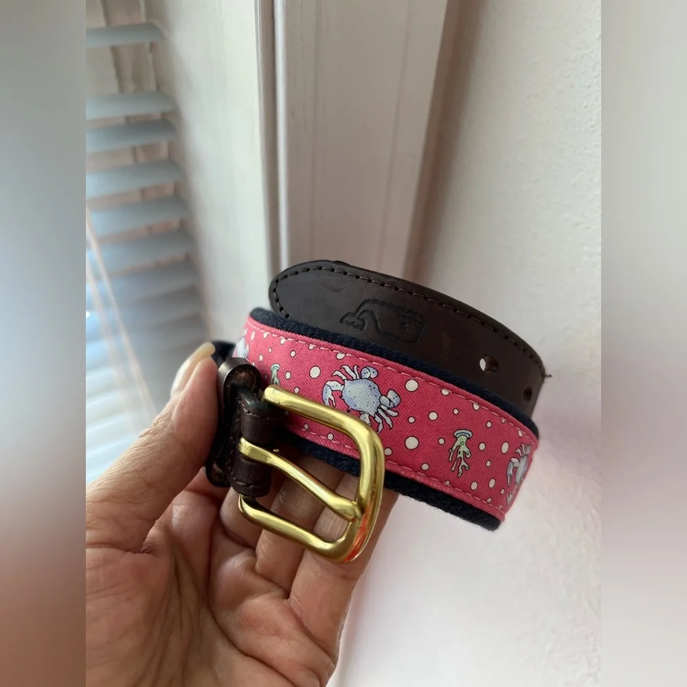 Vineyard Vines Youth Size 24 Blue Crab On Nantucket Red Canvas Belt-Brass Buckle