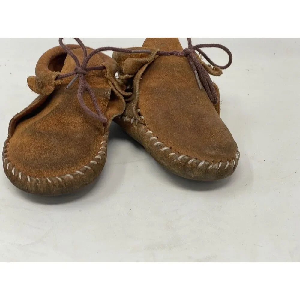 Vintage 80s Baby Kids Moccasins Leather Fringe Casual Shoes Size 2/3