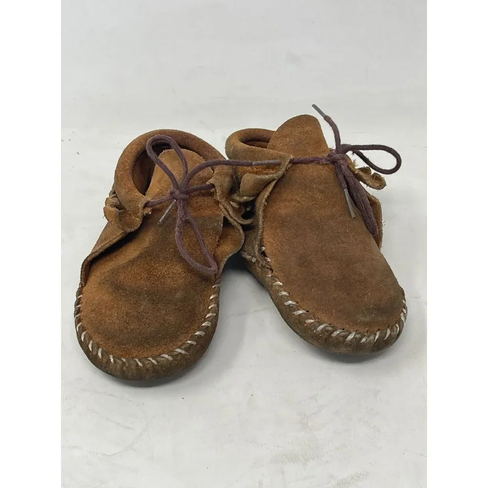 Vintage 80s Baby Kids Moccasins Leather Fringe Casual Shoes Size 2/3