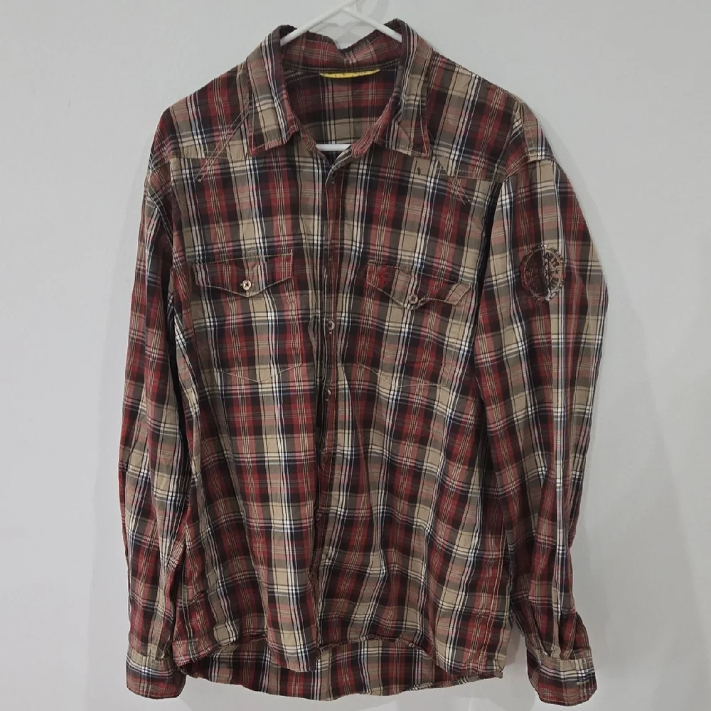 Camel Active Sz XL Men's Red & Tan Casual Plaid Shirt