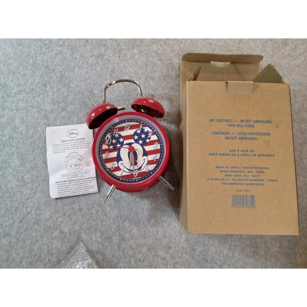 New open Box 2012 Red Mickey Mouse Americana Twin Bell Alarm Clock Collectible
