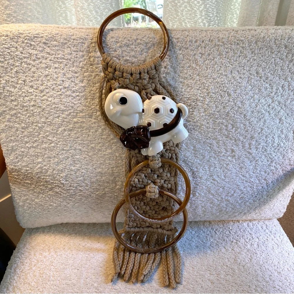 Vintage MCM Macrame Bathroom Towel Holder W/ Ceramic Turtle Accent Towel Rings