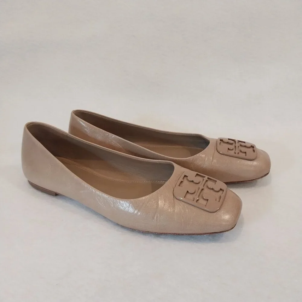 Tory Burch Flat Shoes Size 6 Beige Leather Logo Ballerina Slip On Nude.