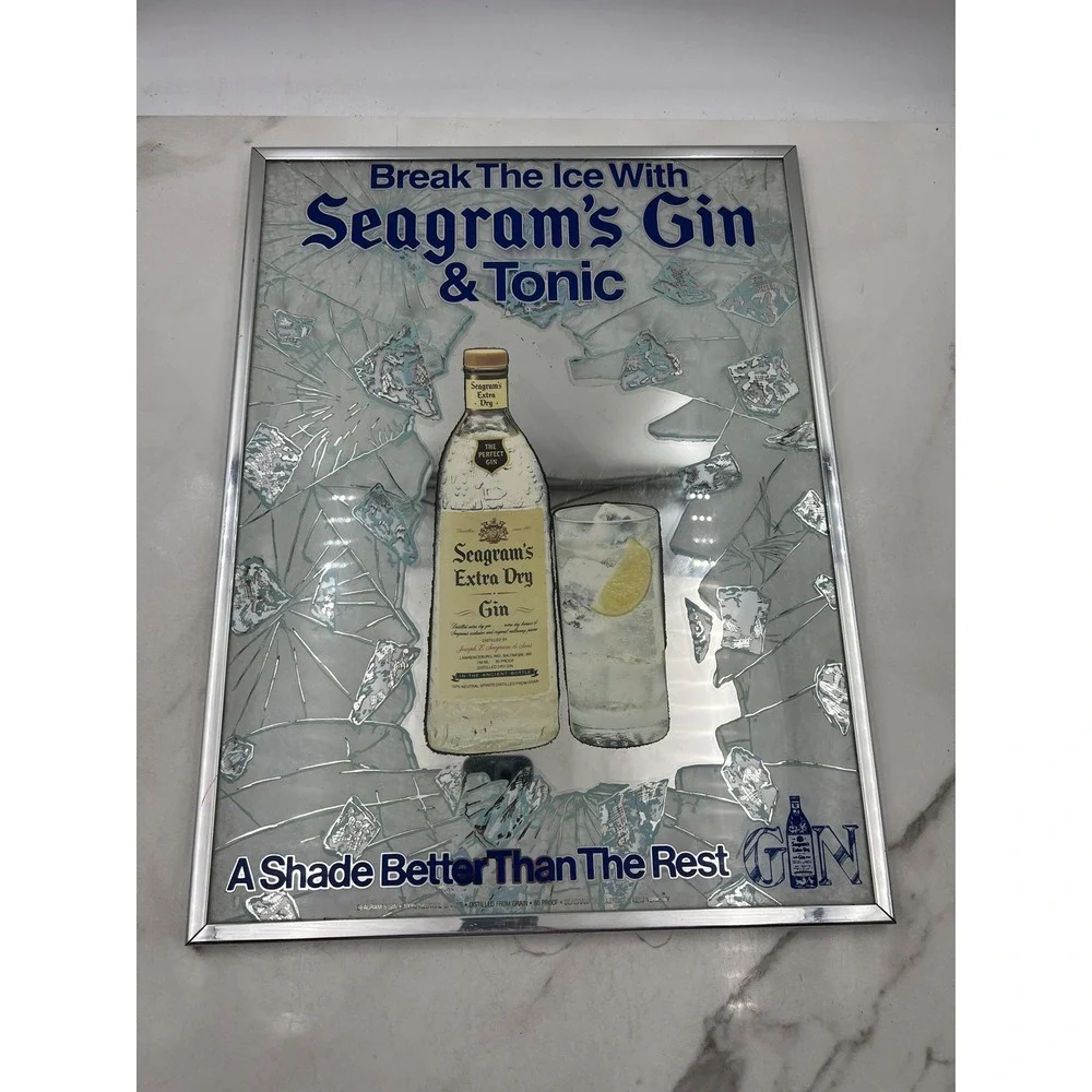 Seagram's Gin Tonic Bar Mirror Sign Glass Break Ice Vintage Barware 23x17 Decor