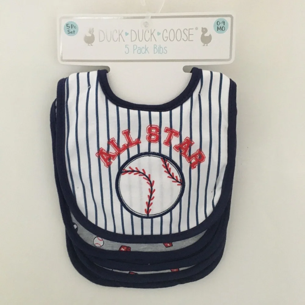 NEW Bib Set 5 pk 0-9M Baseball and Sports Theme | Duck Duck Goose