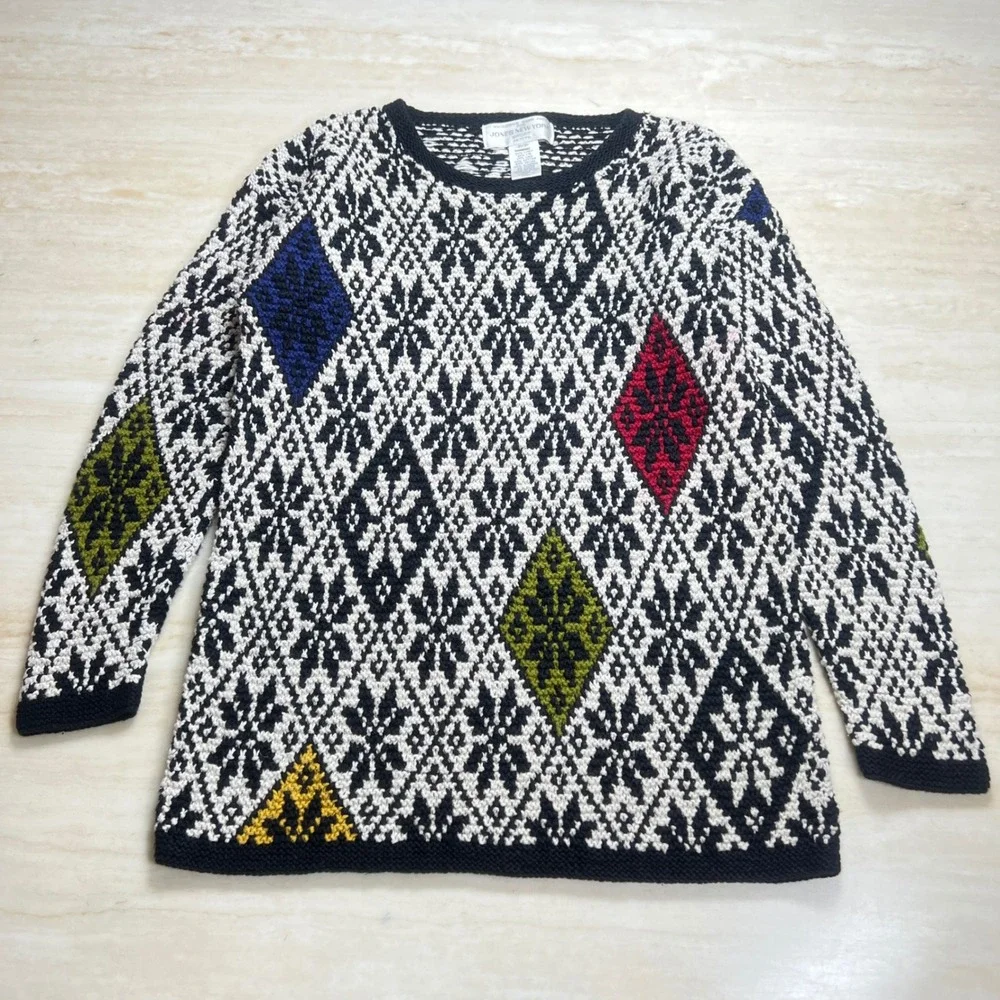 Jones New York Sport Petite Hand Knit Sweater Colorful Diamond Pattern Small