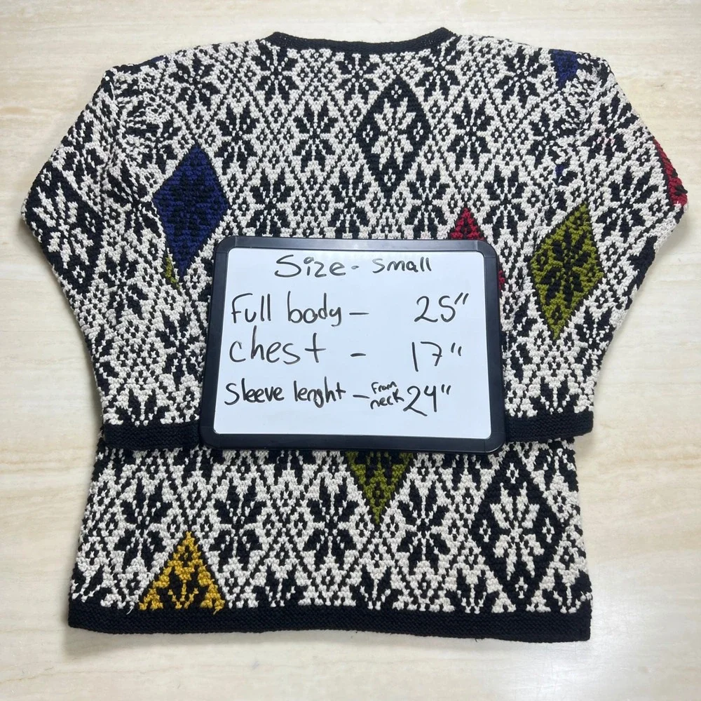 Jones New York Sport Petite Hand Knit Sweater Colorful Diamond Pattern Small