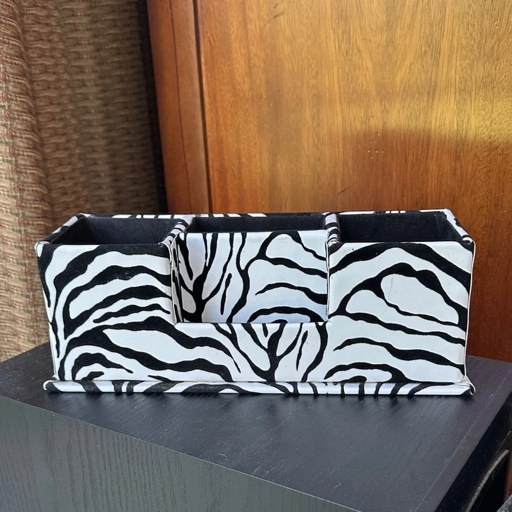 Flocked Zebra Print Desk Organizer