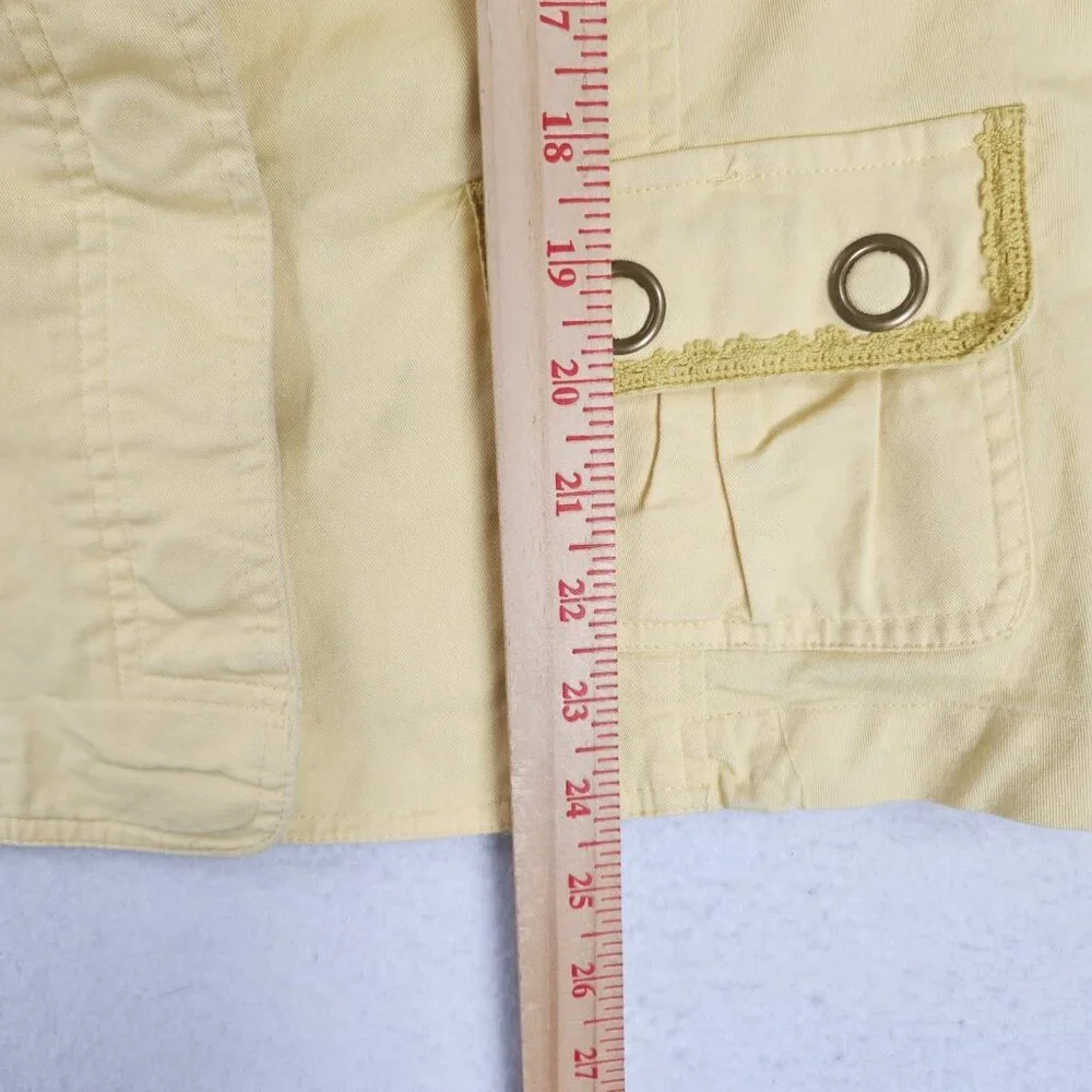 Chicos Jacket Womens 2 Yellow 12 Snap Front Ruffle Utility Casual Classic