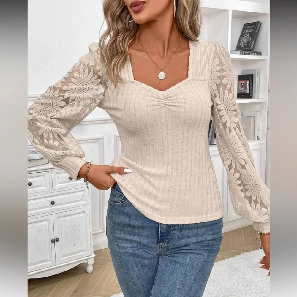 Blue Floral Sleeve Ribbed Sweater