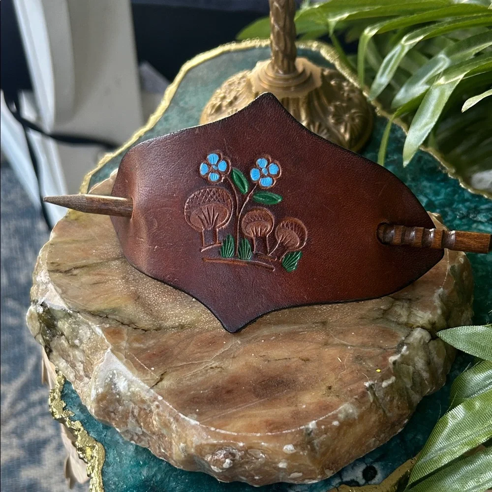 Vintage Handcrafted Leather and Wooden Hair Stick Slide Barrette